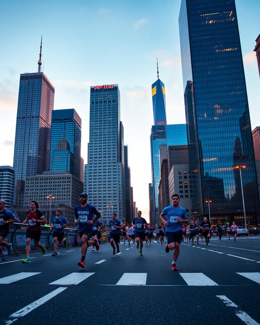 Runner racing past an iconic city skyline